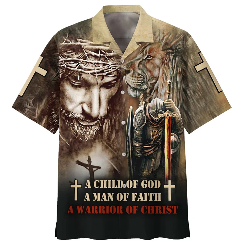 Mens Vintage Jesus Graphic Hawaiian Shirts Fashion 3D Printed Christianity Shirts Tops Summer Short Sleeves Button Blouse Shirt