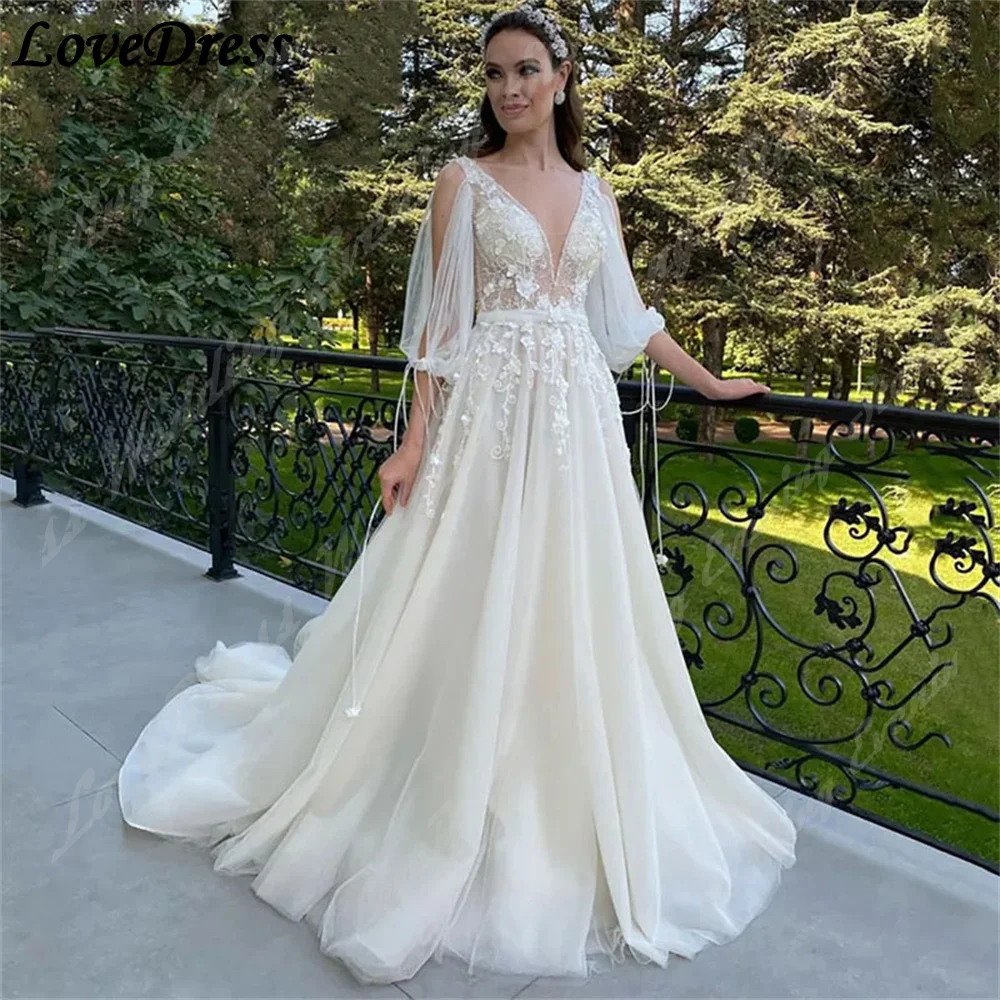 Простое свадебное платье А-силуэта LoveDress с длинными рукавами-фонариками и кружевной аппликацией из тюля, женское пляжное платье