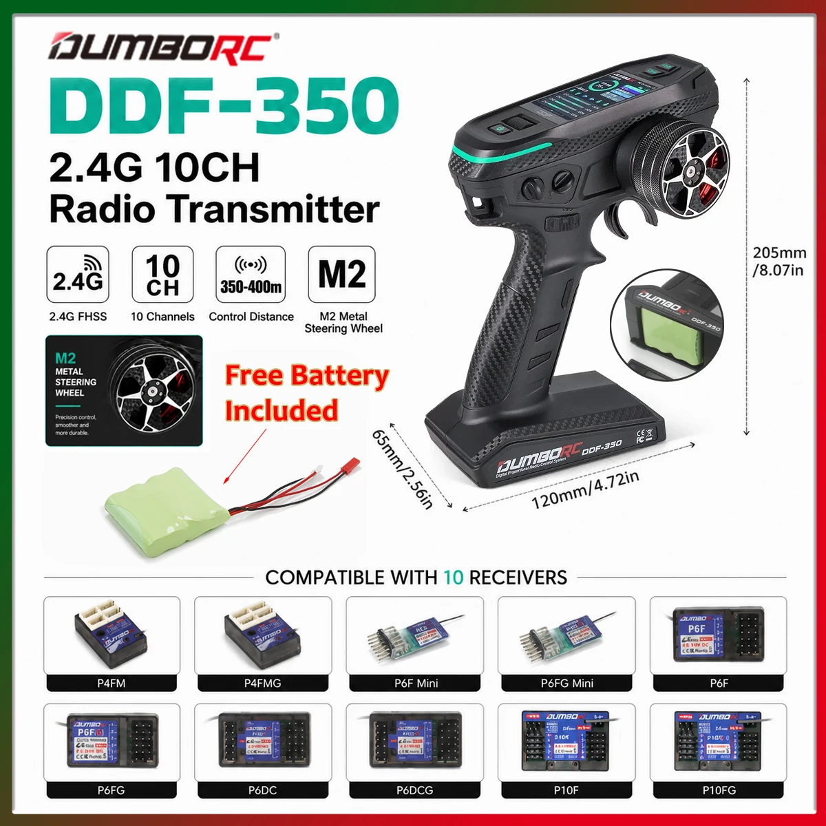 Émetteur DUMBORC DDF-350 2.4G 10CH, télécommande radio numérique, récepteur gyroscopique P10F pour voiture RC, bateau, char, système LCD FHSS