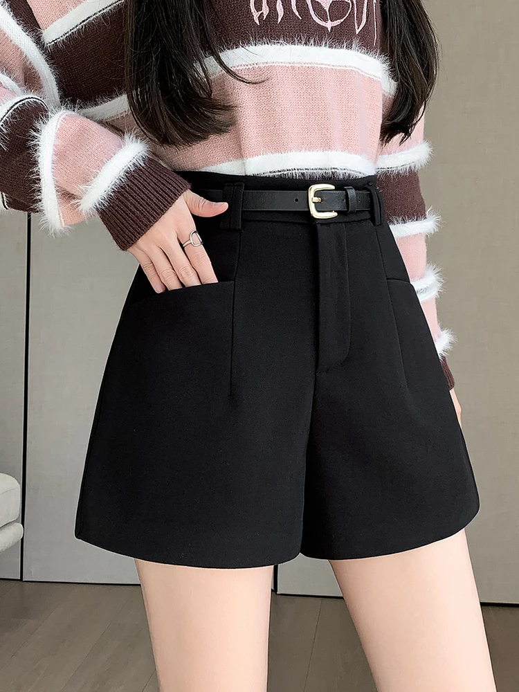 QOERLIN Women Autumn Winter Boot Wool Shorts High Waist Wide Leg Suit Shorts A-Line Pants Elegant Belt Pants with Pockets Trendy