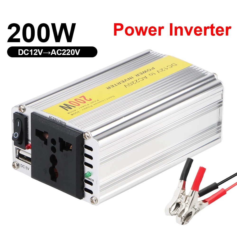 Solar-Wechselrichter DC 12 V zu AC 220 V, Haushaltsspeicher, Batteriekonverter, Netzteil, AC-Buchse und USB-Ladegerät, Auto-Wechselrichter 200 W