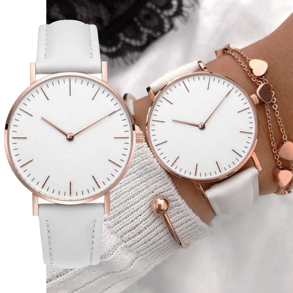 Elegante reloj de pulsera de cuero blanco para mujer, sencillo, informal, regalo, novedad de 2023