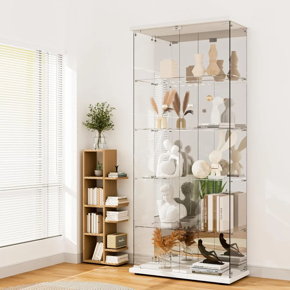 5-Shelf Glass Display Cabinet with Mirror & Lock，Tempered Glass Curio Display Cabinet with 2 Doors，Bookshelf Showcase