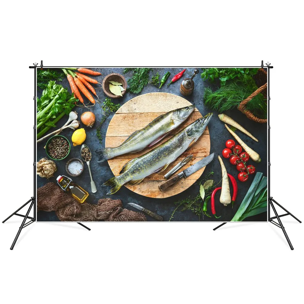 Fishes Vegetables Kitchen Photography Backgrounds Food Home Cooking Feast Celebration Kids Backdrops Photographic Portrait Props