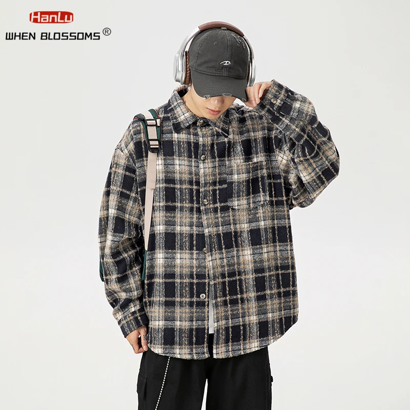 Japanese style retro plaid long sleeved shirt for men autumn new item lapel pocket shirt texture loose couple Coats for women