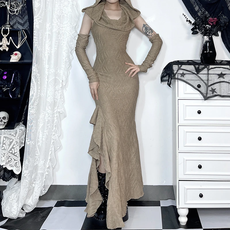 Sexy Elegant Lace Flared Long Sleeve High Split Maxi Dresses Vintage Black Velvet Chain Patchwork Bodycon Long Dress Grunge Robe