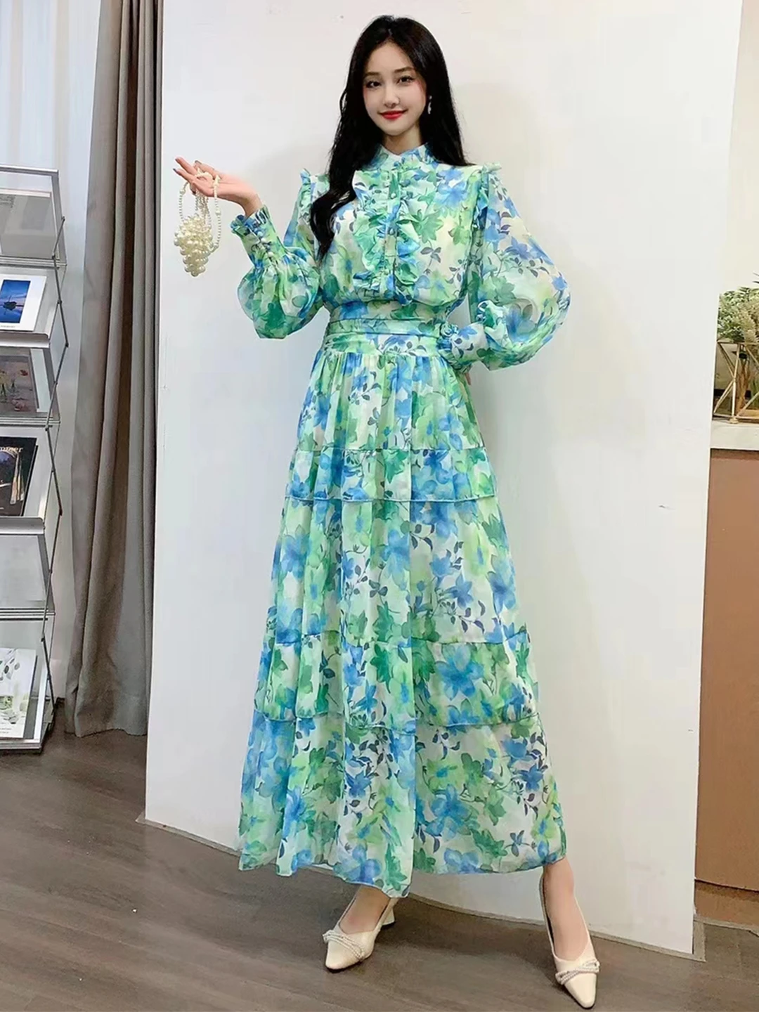 2023 New Spring Autumn Women Chiffon Floral Skirt Suits Sweet Ruffles Long Sleeve Loose Shirt And Cake Long Skirt Two Piece Set