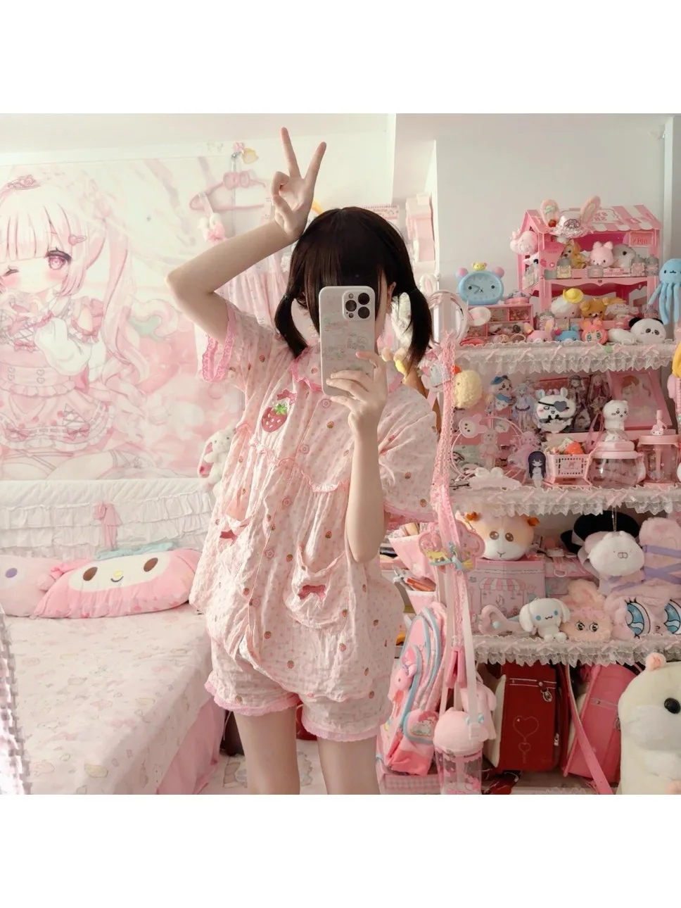 Gagaich – pyjama brodé de fraises pour femmes, Look d'été, Slim, col pour bébé, Cardigan, vêtements de maison, ensemble de sortie pour étudiants