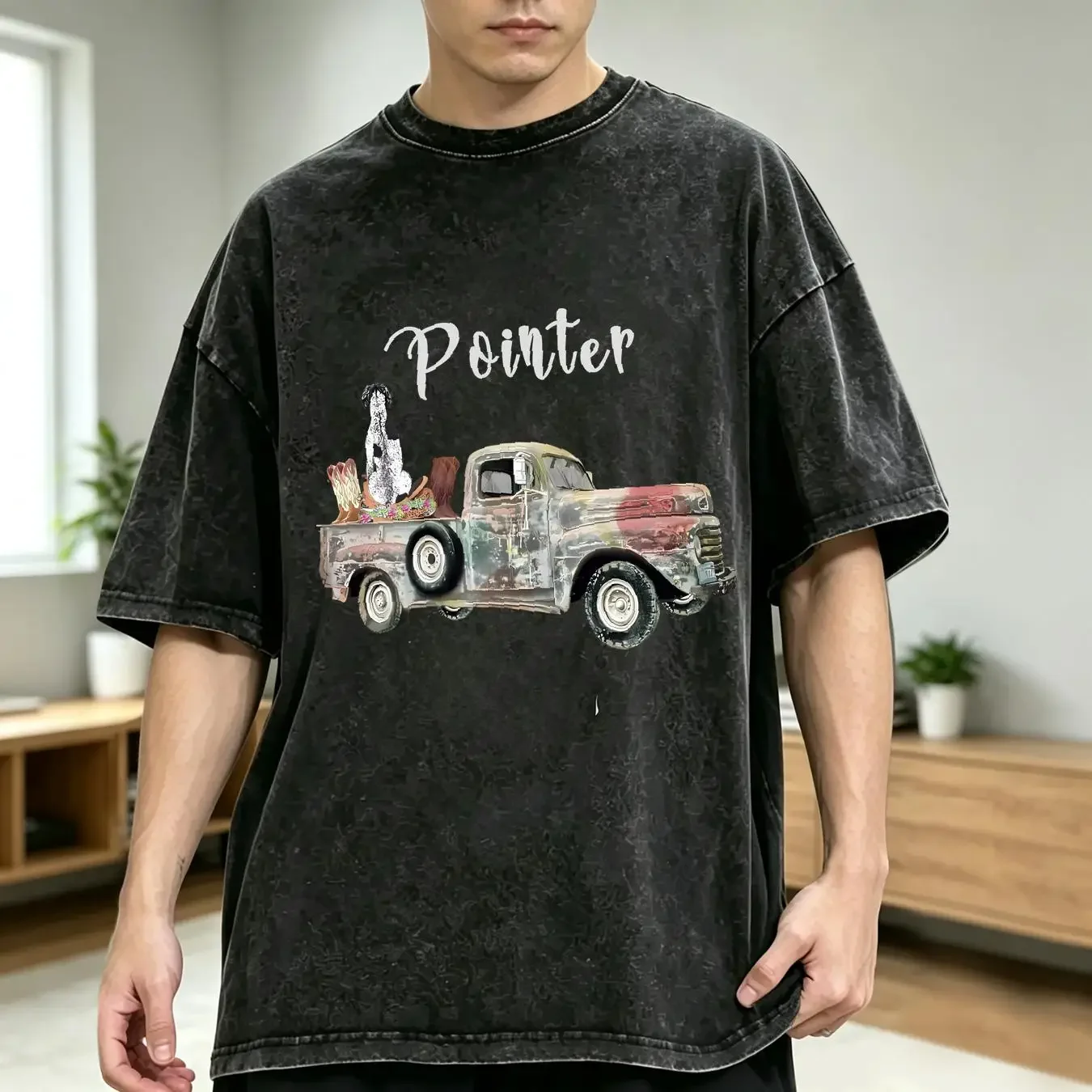washed T Shirt Womens German Shorthaired Pointer Dog with Vintage Pick Up  vintage Washed Unisex Soft Casual fashion Stretched