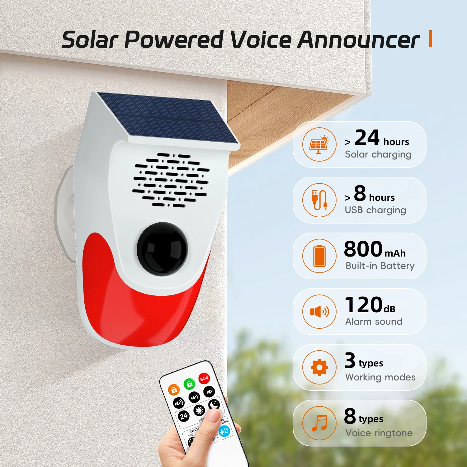 TAIBOAN Solar Infrarood Bewegingsalarm Sensor Met 120db Sirene Stroboscoop DIY Voice Omroeper Buiten Weerbestendige PIR Sensor