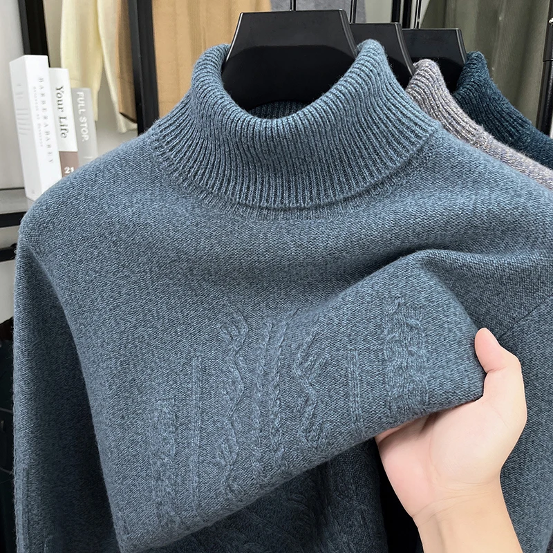 Men's Wool100% Autumn Winter Advanced Sweater 7stitches Jacquard High Neck Long Sleeves Sweater Fashion Innerwear Man Clothes