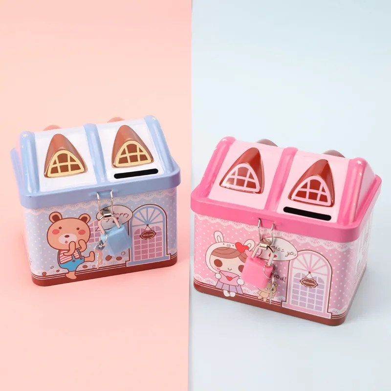 귀여운 곰 집 동전 상자 창조적 인 금속 은행 통화 상자 동전 은행 어린이 저축 탱크 생일 및 크리스마스 선물 토끼