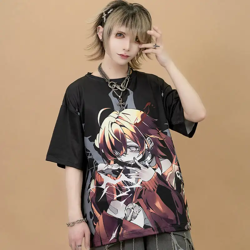 Harajuku Black Anime T-shirt Red Haired Manga Boy Character Printed Gothic Garbage Japanese Street Costume Adult Children