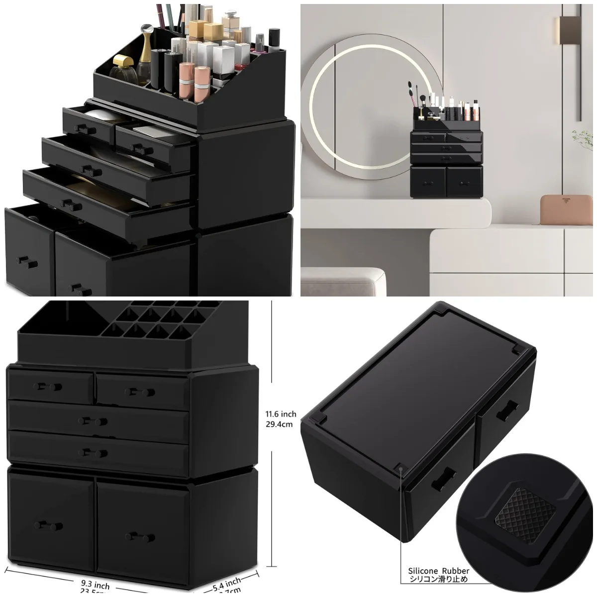 

Makeup Organizer 3 Pieces Cosmetic Storage Case with 6 Drawers (Black)