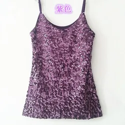 New Women Sequined Spaghetti Camisole Tank Tops Summer Clubwear Tops Sexy Round Neck Sequin Camisole Lady Strap Vest Purple