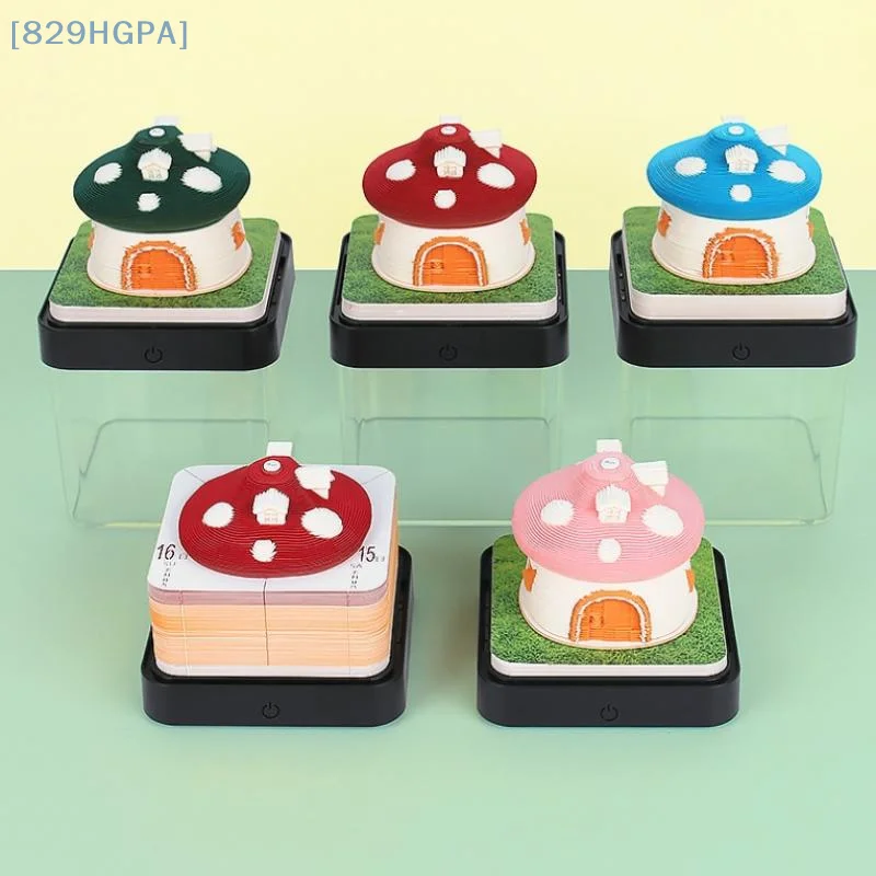 

2026 Desk Calendar With LED Light Mushroom House Sculpture 3D Tear-away Calendar Paper Carving Notepad Gift Desktop Decoration