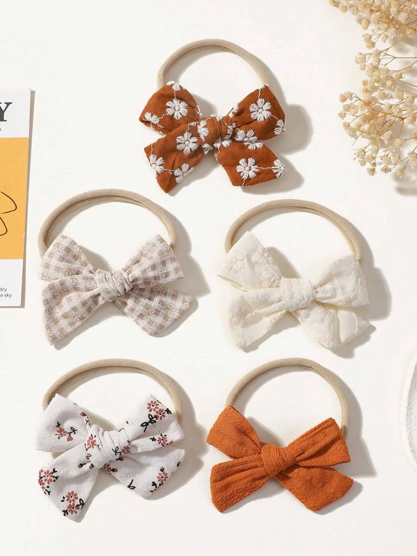 

5pcs Printed Bowknot Design Elastic Headbands With Embroidery Decoration, Ideal For Children Love Valentine