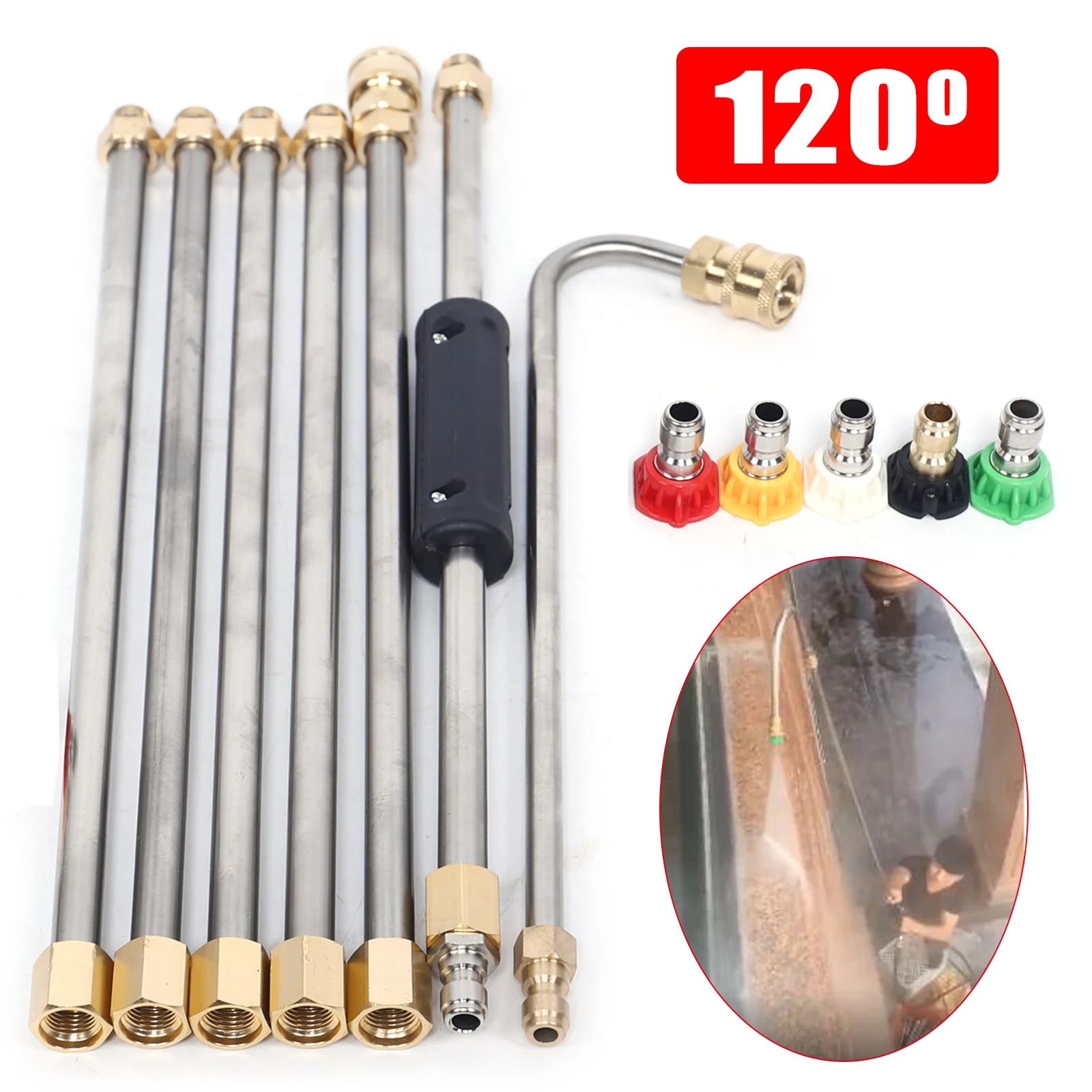 Brass Gutter Cleaning Tool Pressure Washer - Extension Wands, Roof Cleaner Lance Nozzle - 4000 PSI 5 Nozzles, Window Washing