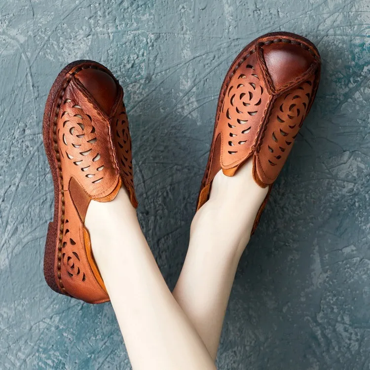 Birkuir Retro Hollow Out Loafers Shoes For Women Slip On Low Heels Soft Soles Mother Shoes Genuine Leather Luxury Ladies Shoes
