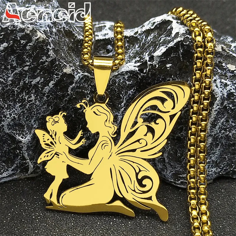 

Mother Children Angel Pendant Necklace for Women Men Stainless Steel Gold Color Mom Girl Hollow Necklaces Jewelry Birthday Gift