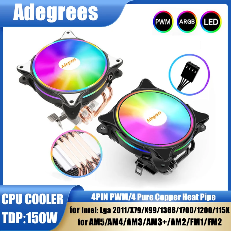 Pendingin CPU Udara X99 ARGB 4PIN PWM 4 Heatpipe Profil Rendah untuk Intel LGA 1366 1155 1151 1200 1700 2011 X79 AMD AM3 AM4 AM5