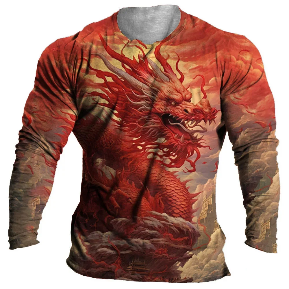 Year Of The Dragon Men's T-Shirt Long Sleeve T-shirt Autumn Round Neck Casual Tops Fashion Hip-hop Men's Street Clothing Tees