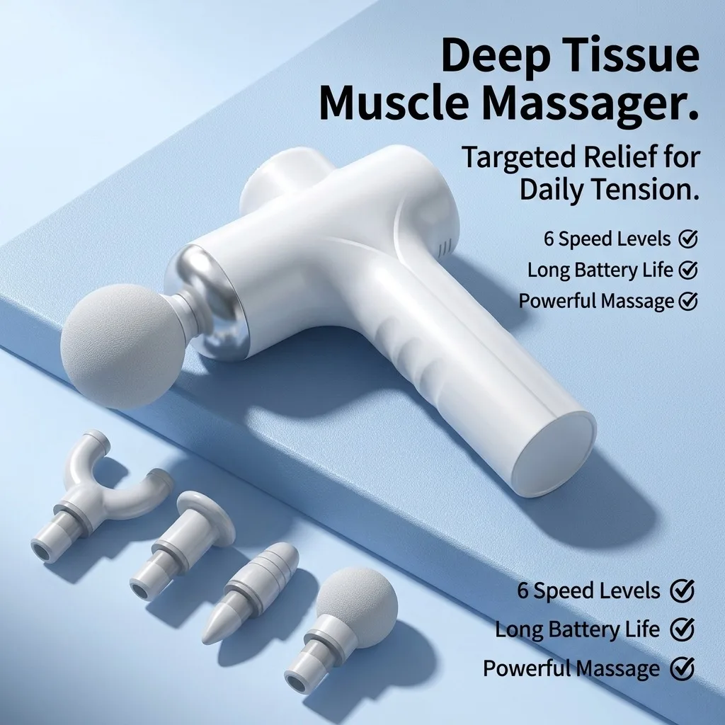 Massage Gun Deep Tissue Percussion Muscle Massager, Professional Handheld Electric Massager for Athletes Pain Relief, 6 Speeds 4 Heads, 10H Battery Life, Portable Home Gym Muscle Recovery Device