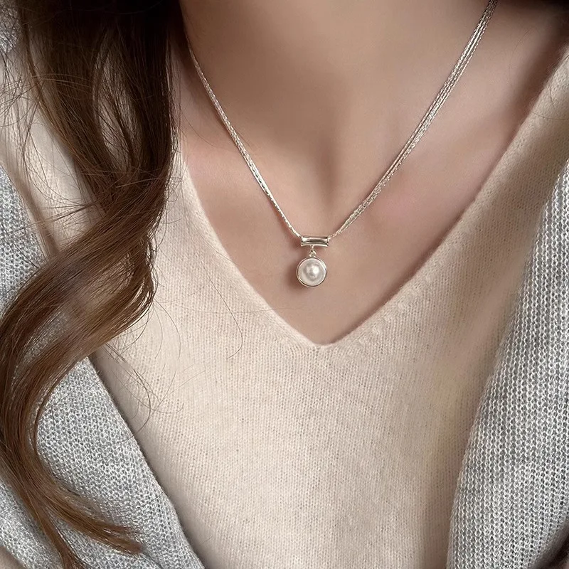 925 Sterling Silver Necklace Pearl Multilayer Chain Elegant Pendant Geometric for Women Girl Jewelry Gift Dropshipping Wholesale image 4