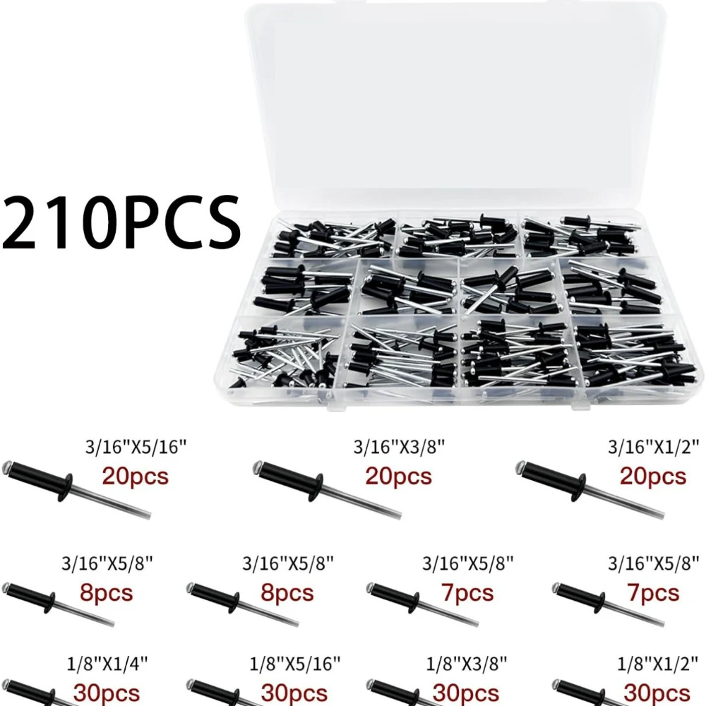210pcs Aluminum Cap Iron Rod Blind Rivets Set Aluminum Shell Iron Rod Open Type Blind Rivets Combination Kit Box Set GB/T 12618