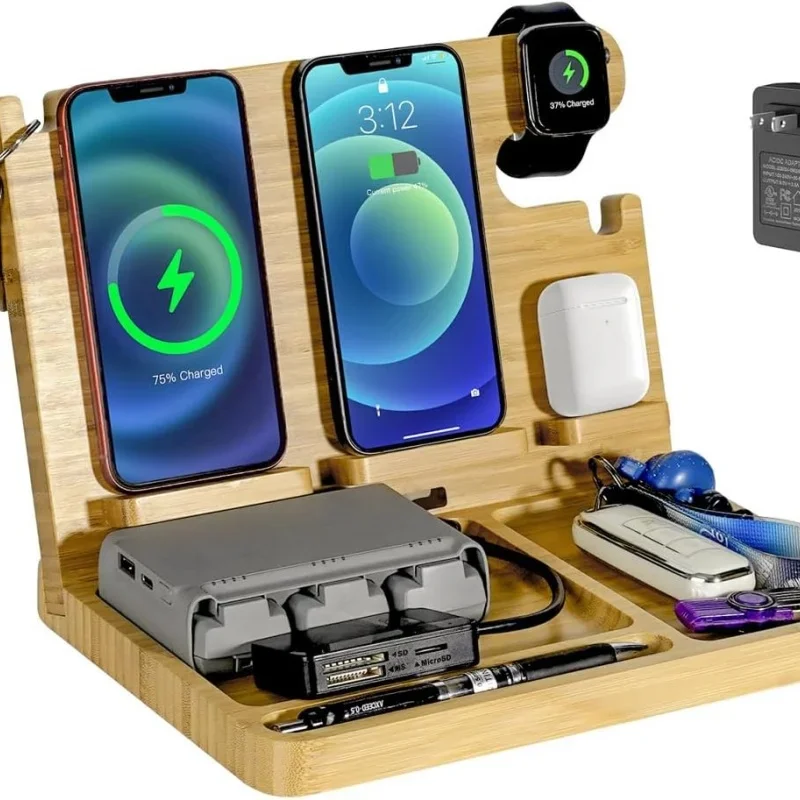 

27W fast charging wireless charger bracket bedside table bamboo phone docking station multi-device desk drawer storage device