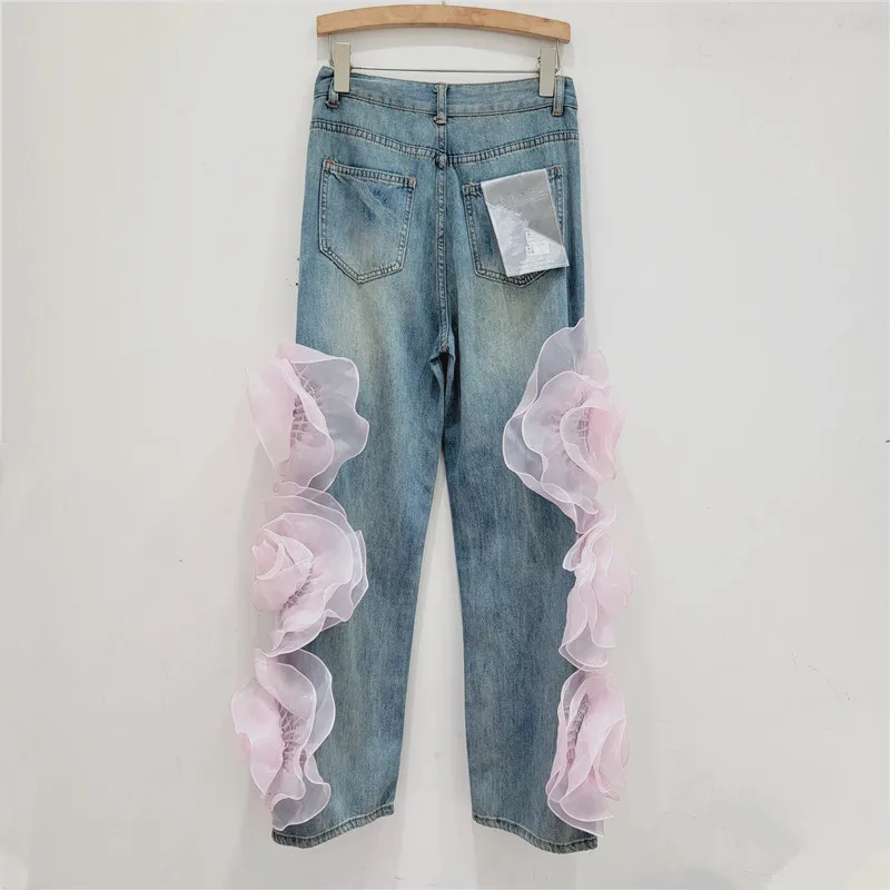 Street Style 3d Big Flower Decorative Baggy Jeans Women Spring and Autumn New All-Matching Straight Pants High Waisted Jeans