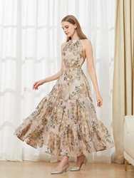 DEVCHATA Elegant Embroidery Organza Backless Sleeveless Long Halter Loose Dress Summer New Fashion Beach Holiday Party Dress