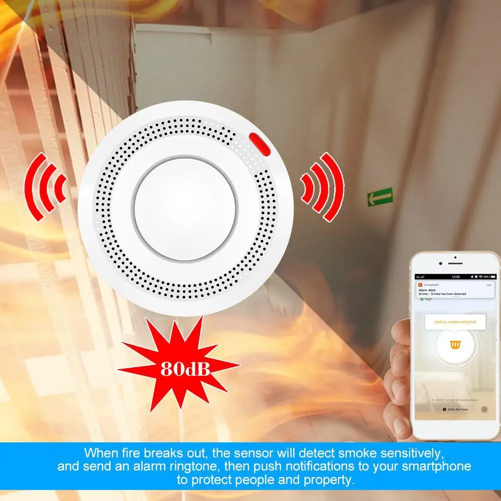 Tuya Wifi Smoke Detector Smoke Sensor 80DB Fire Alarm Smokehouse Combination Home Security System Firefighters Fire Protection