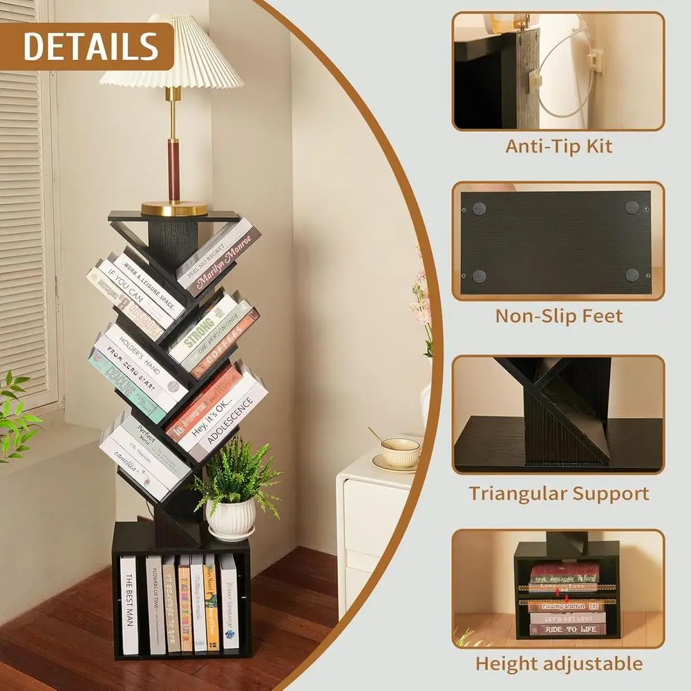 7 Tier Tree Book shelf, Small Bookcase with Reading Planner and Activity Panel, Modern Floor Standing Corner Tall Narrow Storage