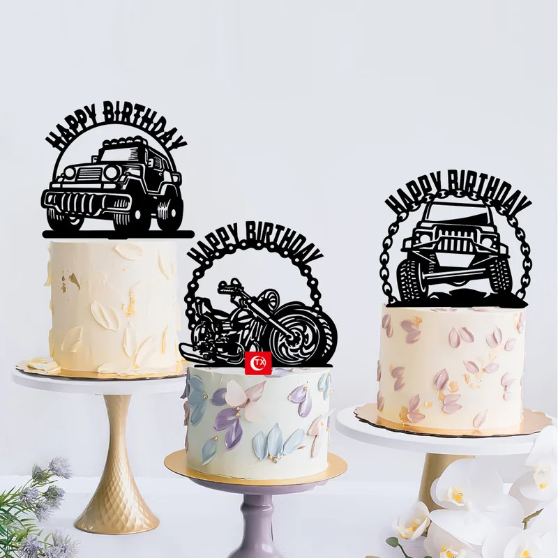 Cool Motorcycle Car Happy Birthday Cake Topper INS Animals Black Acrylic Cake Topper for Kids Birthday Party Cake Decorations