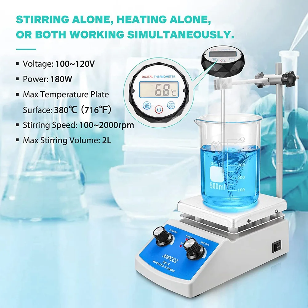 Magnetic Stirrer Hot Plate with Thermometer,2000ML Mixing Capacity Magnetic Hotplate Stirrer with Stir Bar Stand US Plug