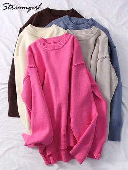 Niebieskie swetry oversize dla kobiet zimowe grube beżowe swetry damskie moda jesienna luźne swetry damskie z dekoltem w kształcie litery 