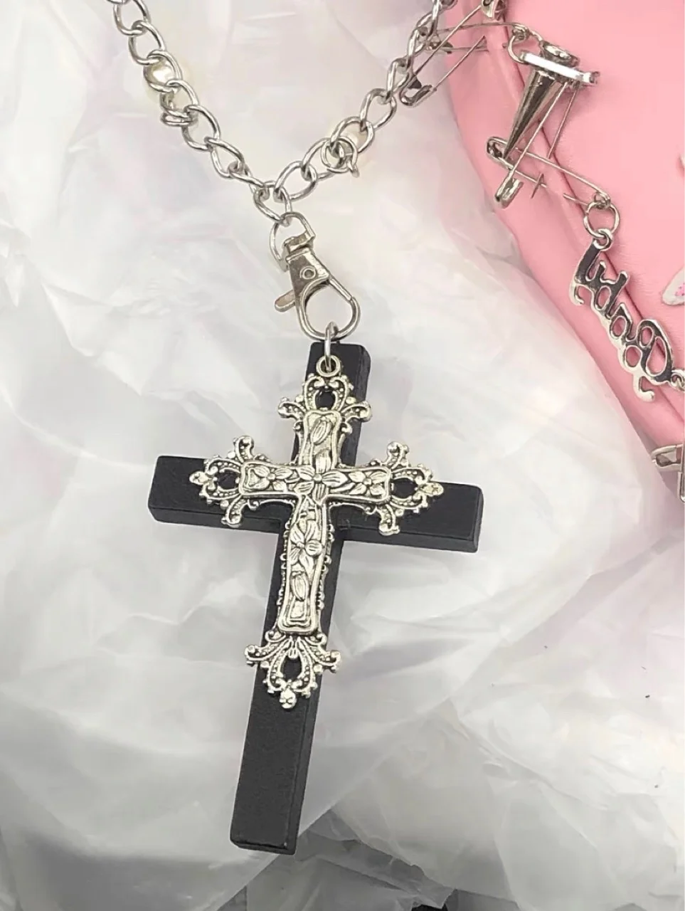 Homemade Gothic Cross Necklace Pink Guitar Necklace