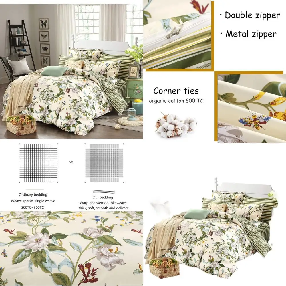 

Green Stripe & Beige Floral 100% Cotton Duvet Cover Set with White Flower Branches, 600 Thread Count, Reversible Zipper Closure,