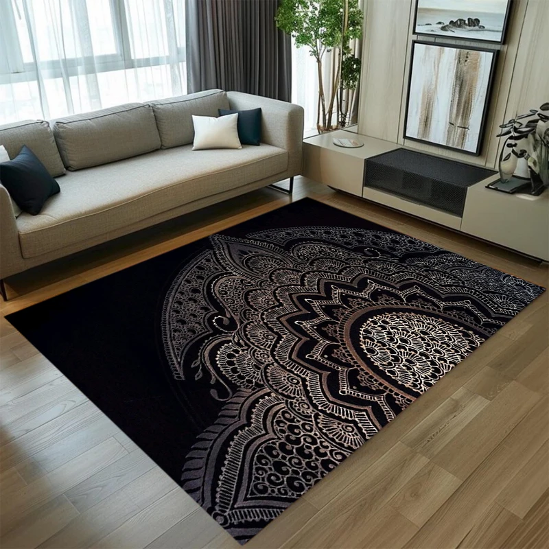 Black Mandala Rectangular Carpet Floor Mat Bohemian Half Medal Lace Printed Carpet Bedroom Living Room Home Decoration