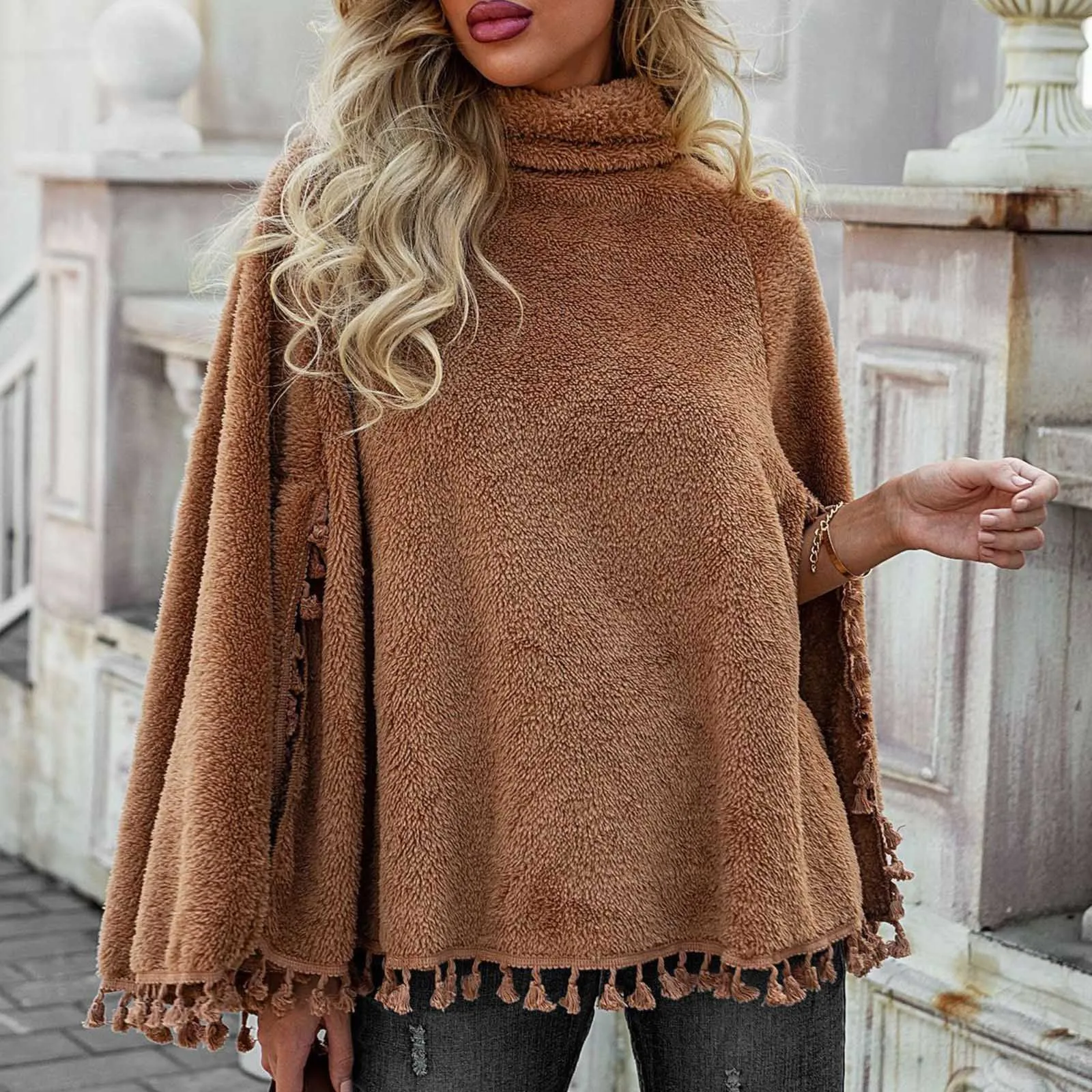 Khaki Fashion Plush Cloak Women Autumn Winter Warm Cape Ponchos Chic Batwing Turtleneck Bottom Tassel Pullover With Fringe Hem