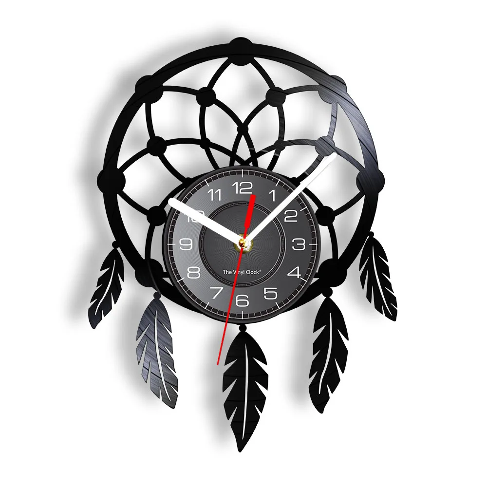 

Dream Catcher Retro Vinyl Record Wall Clock Boho Style Home Decor Art Clock Nature Crescent Feather Trap Dreamcatcher Wall Watch