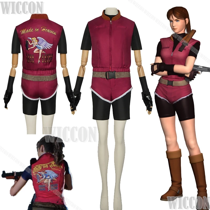 Resident 2 Re2 1988 Claire Cosplay Evil Redfield Costume Pony Tail Wig Red Uniform Short Halloween Carnival Clothing Customized