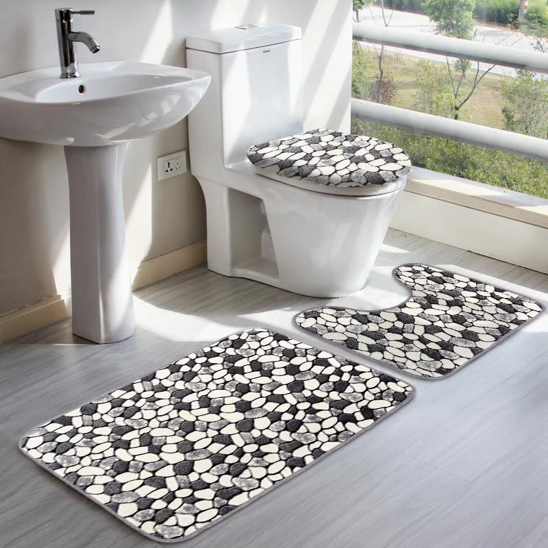 3pcs Stone Pattern Washable Anti-slip Bathroom Pedestal Rug Carpet Toilet Lid Cover Bath Mat Set Practical And Non-slip