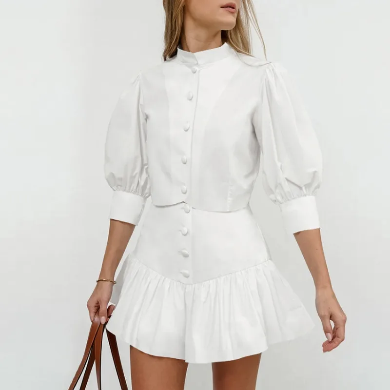 2024 Summer Women White Lantern Sleeve Shirt & Mini Skirt Set Temperament Commuting Women's Clothing Professional Sets Outfits