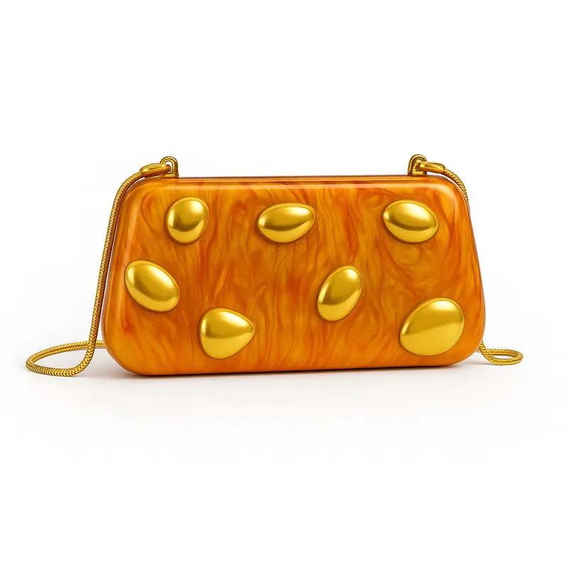 2025 Luxury Designer Women's Gold Rivet Box Handbag Famous Brand Acrylic Evening Wedding Party Clutch Bag Fashion Crossbody Bag