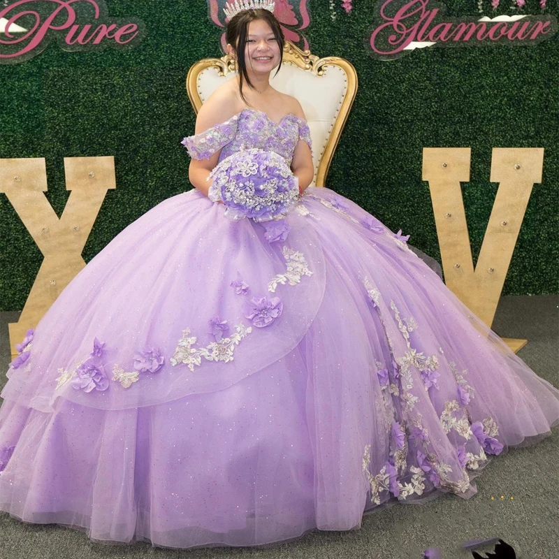 ANGELSBRIDEP Lavendel Quinceanera Kleider Tüll 3D Blumen Applizierte Perlen Vestidos De Fiesta Flauschige Süße 15-Kleider Maßgeschneidert