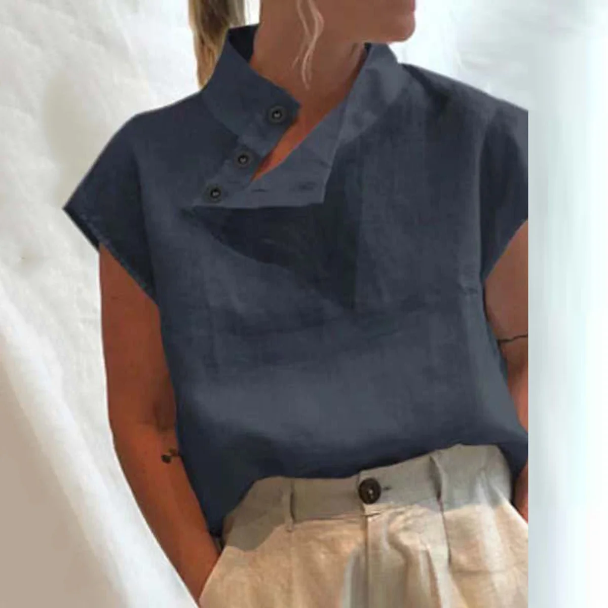 Yeezzi Women\'s Solid Color Cotton Linen Tops Tees 2025 New Summer Cap Sleeve Stand Collar Fashion Buttoned Casual Daily T-shirts