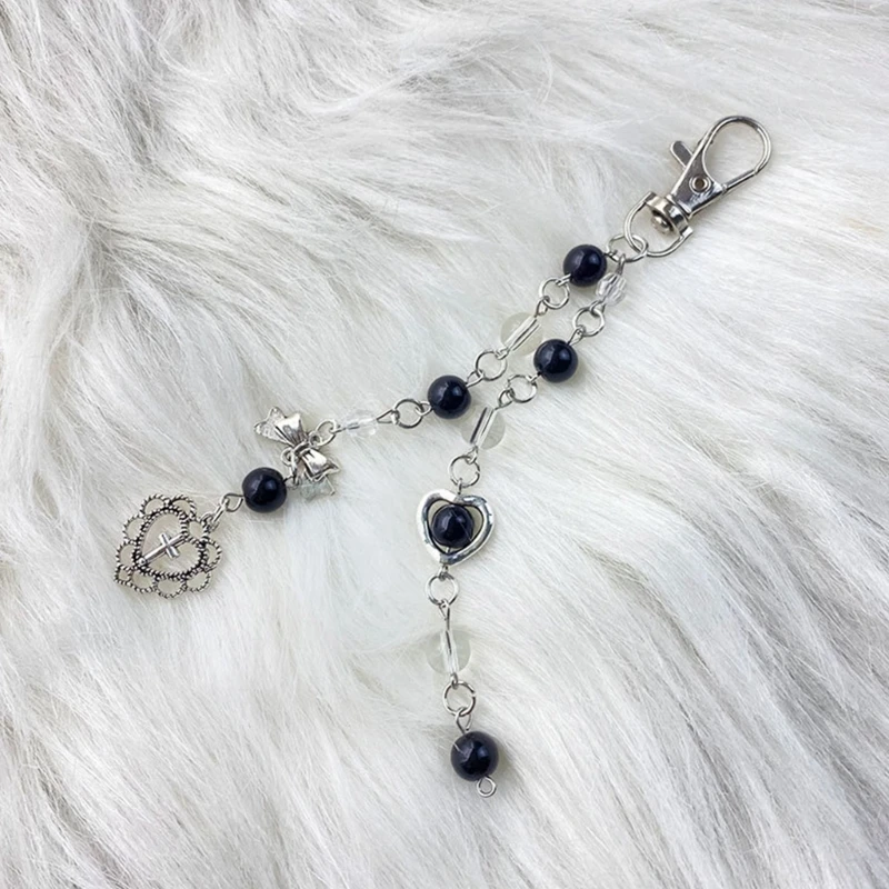 Black Clear Bead Keychain Cool Y2K Phone Charm Girls Bowknot Heart Keychain Handmade DIY Accessories