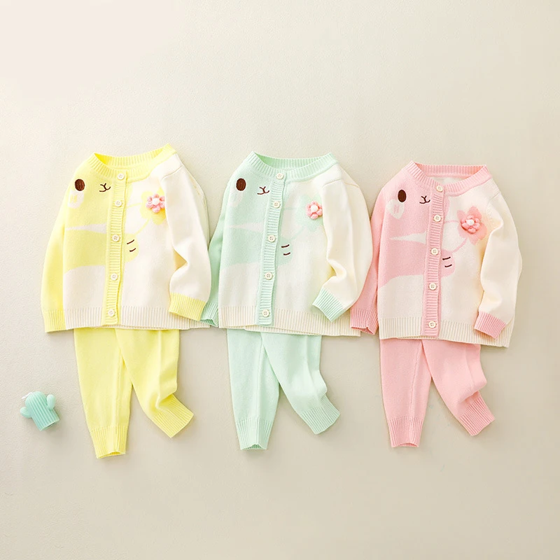 2Piece Sets Spring Autumn Toddler Girl Outfits Korean Cartoon Cute Flower Baby Sweater+Pants Knitted Suit Newborn Clothes BC1929